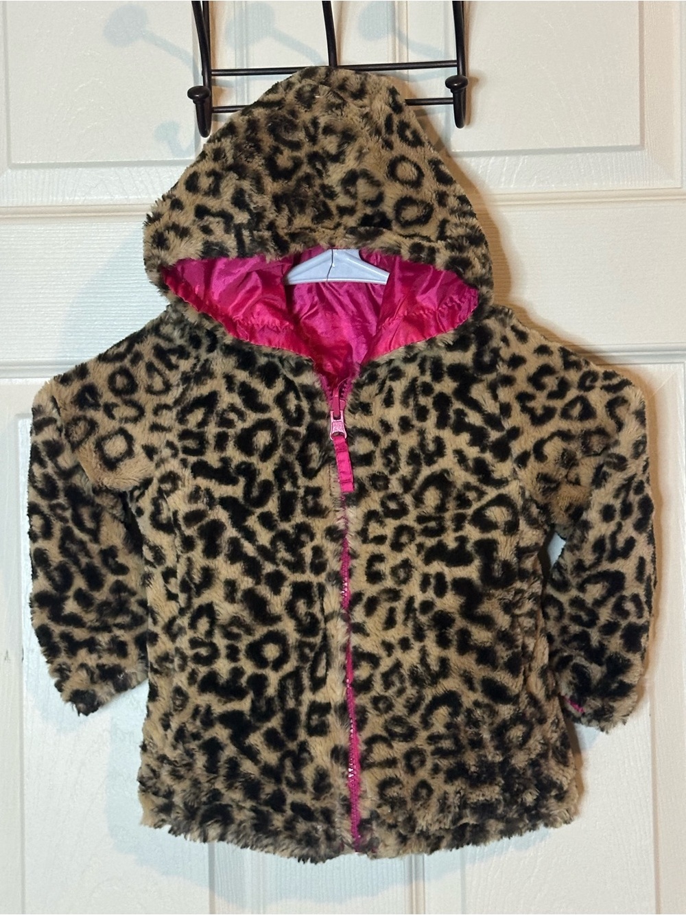 Weatherproof Girls' Leopard Faux Fur Hooded Raincoat with Pink Lining & Back Bow